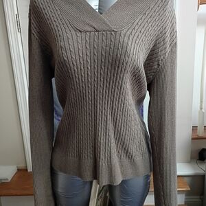 JEANNE PIERRE Taupe V-Neck Cable Knit Sweater Size L